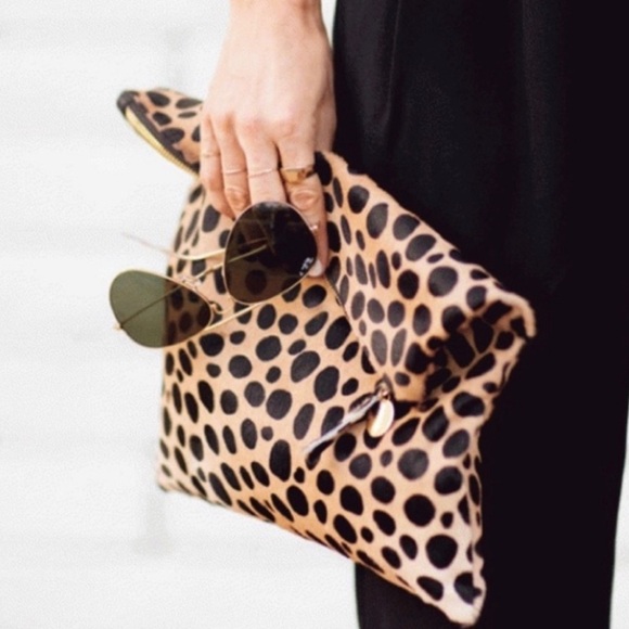 Clare V Leopard Print Foldover Clutch Bag Brown Black One Size - Picture 2 of 11